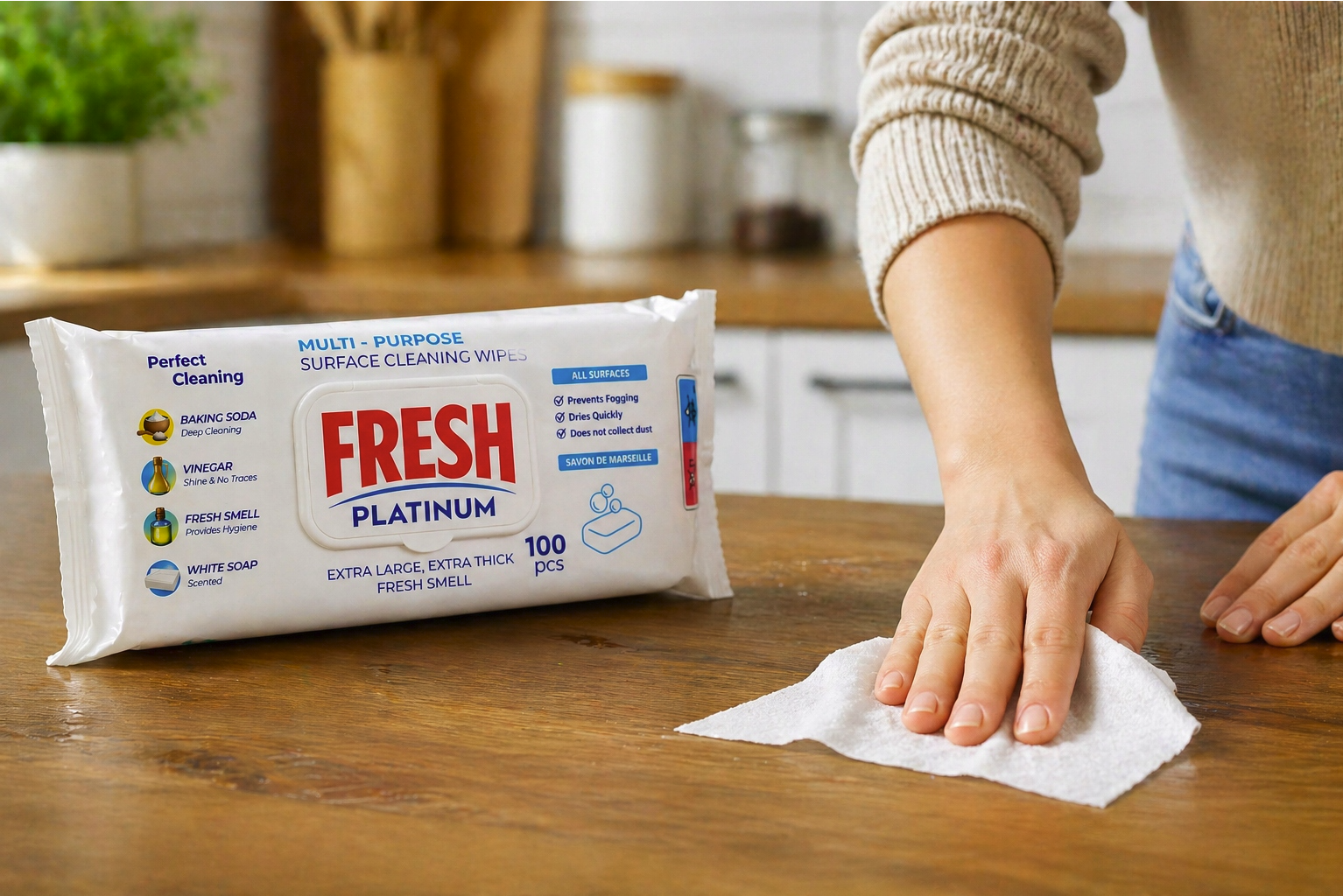 CHUSTECZKI CZYSZCZĄCE NAWILŻAJĄCE FRESH 100SZT UNIWERSALNE MYDŁO MARSYLSKIE - obrazek 5